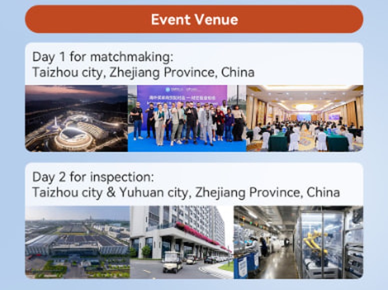 Event venue — Day 1 matchmaking in Taizhou city, Day 2 inspection in Taizhou city & Yuhuan city